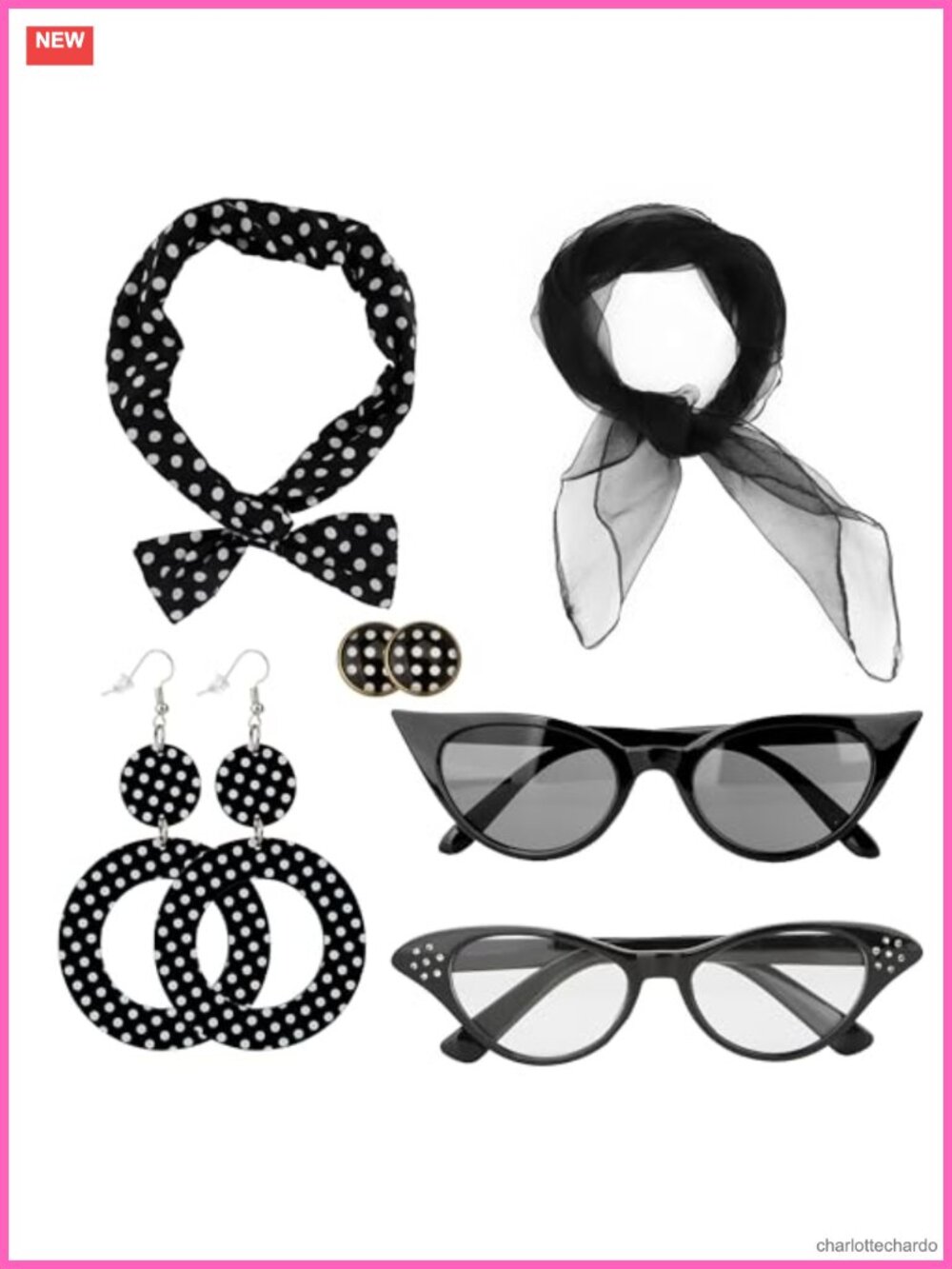 1950s Retro Cat Eye Glasses Headband Earrings Scarf Costume Accessory Set